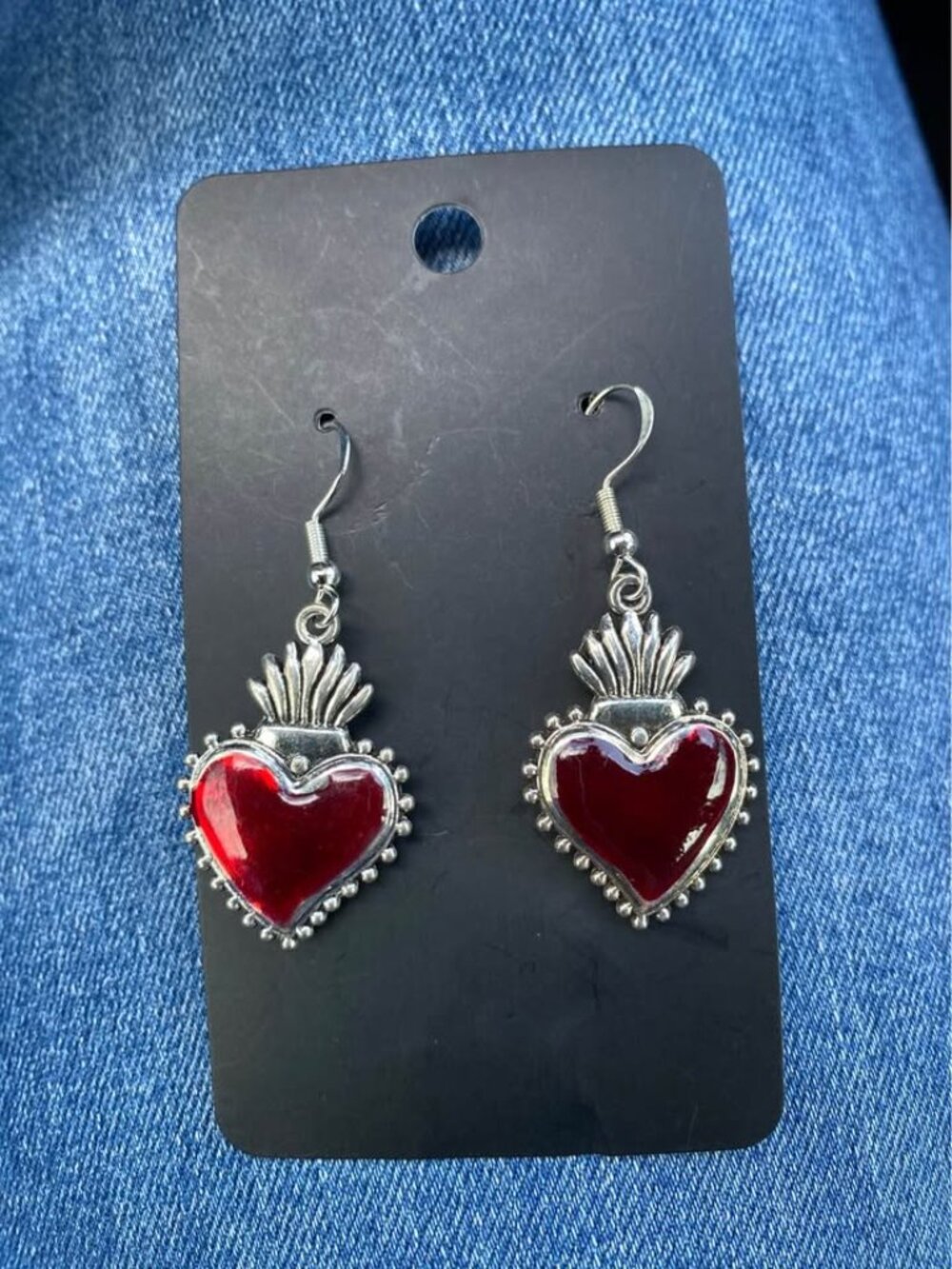 Sacred Heart Sterling Silver Red Enamel Pierced Earrings – Reversible Heart & Fl